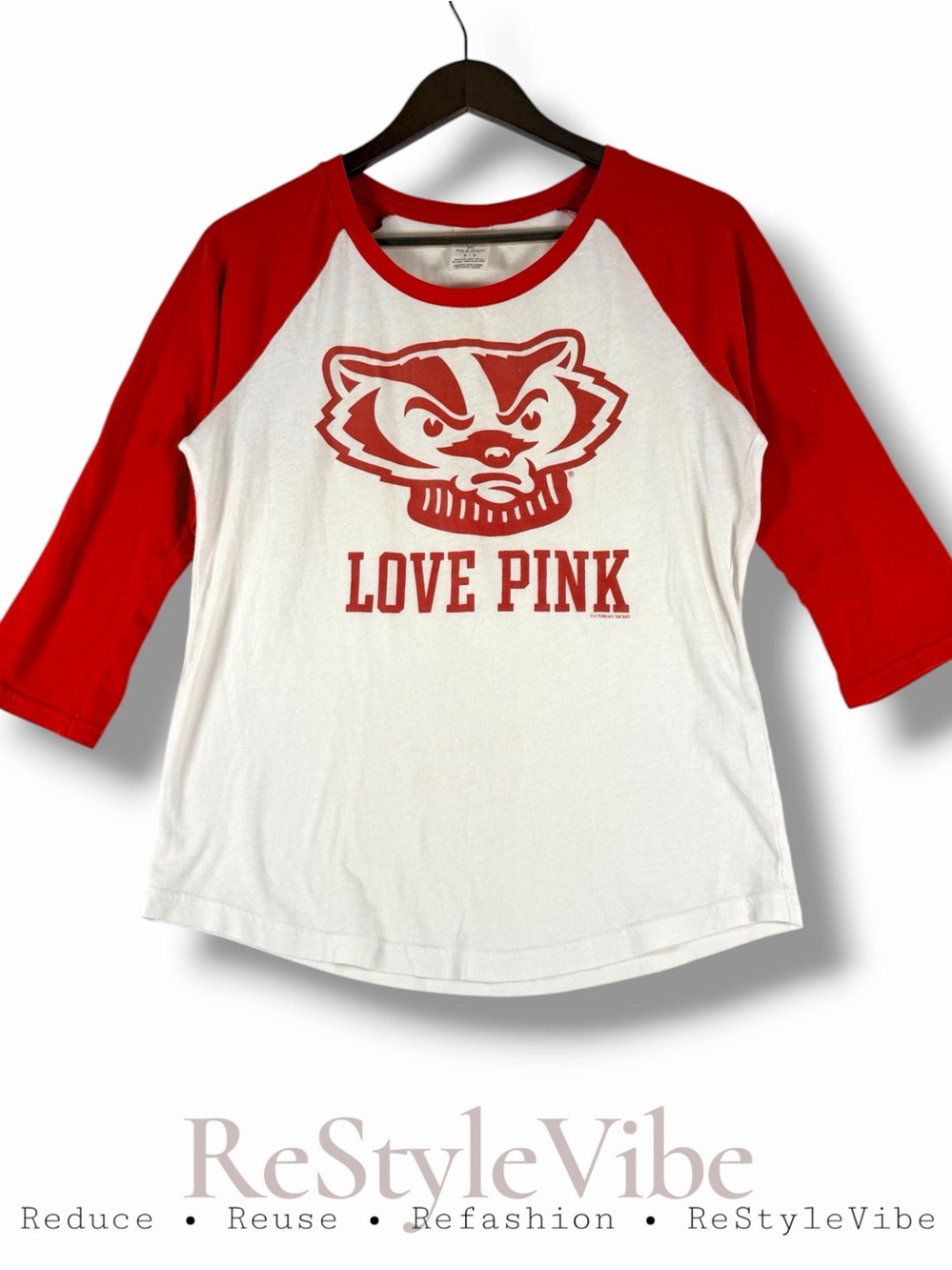 VS PINK x 5th & OCEAN Women’s Size S Shirt Baseball Style Tee Badger UW-Madison
